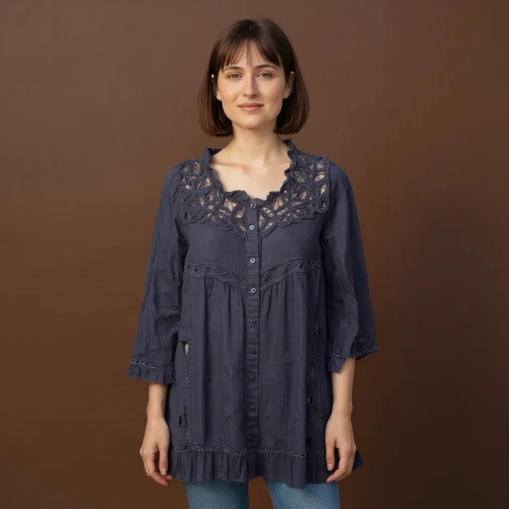 Divided Gauzy Lace Semi Sheer Long Line Button Front Ruffle Blouse Size S